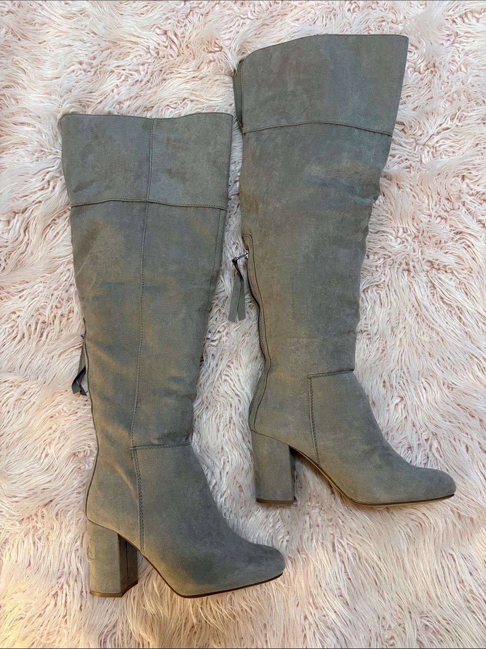 Shoe Dazzle Taupe Over-the-Knee Block Heel Boots